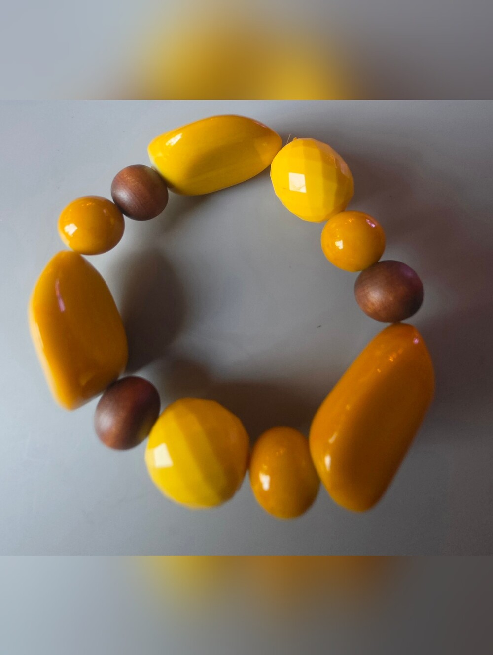 Source Unknown Yellow and Wood Bead Stretch Bracelet